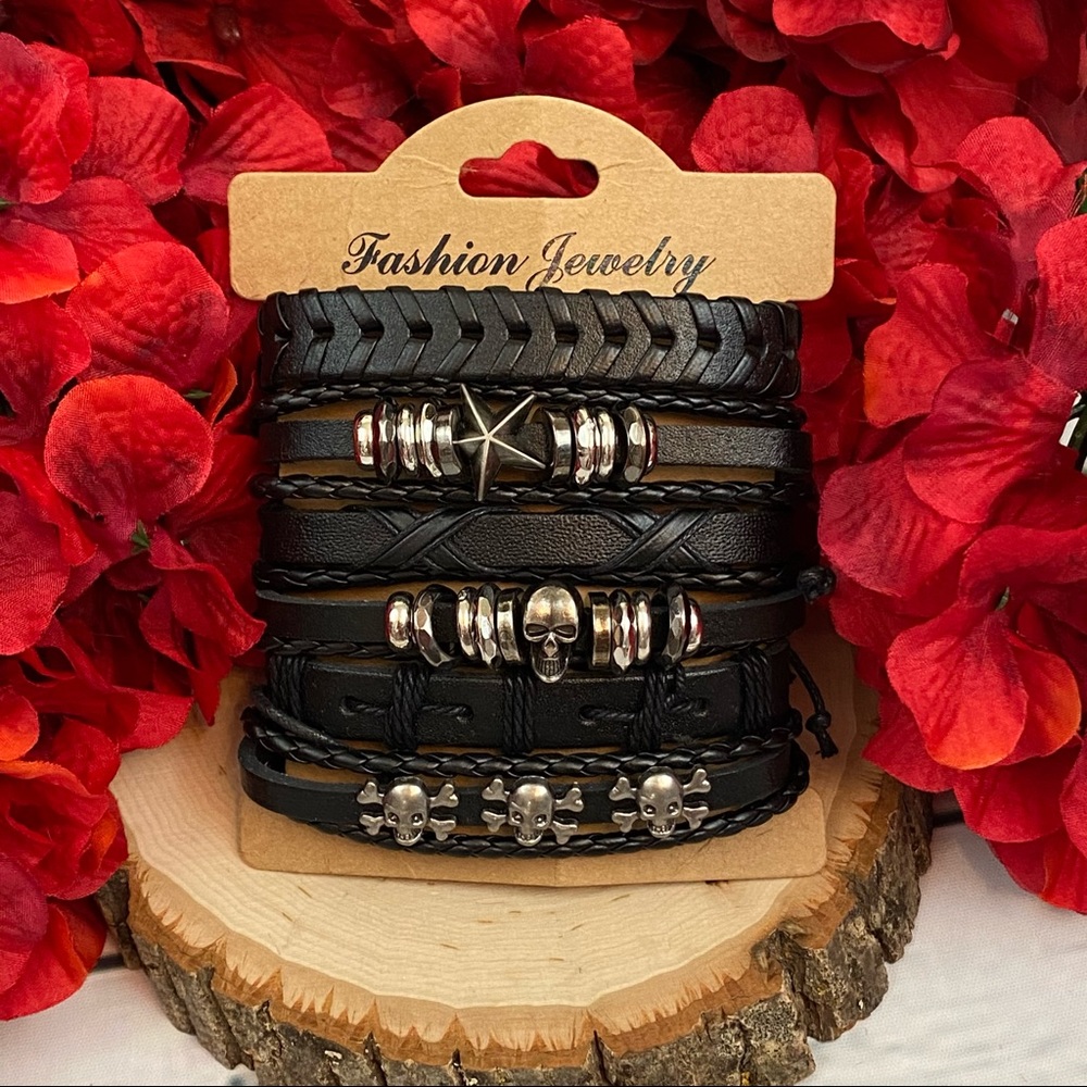 6 Pcs Set Punk Rock Skull Braided Leather Rope Bracelets - Picture 11 of 15